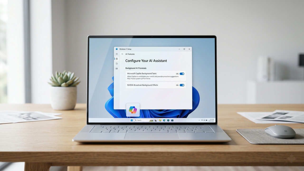 Modern laptop on a wooden desk showing Windows 11 settings menu to disable background AI processes like Microsoft Copilot for better performance.