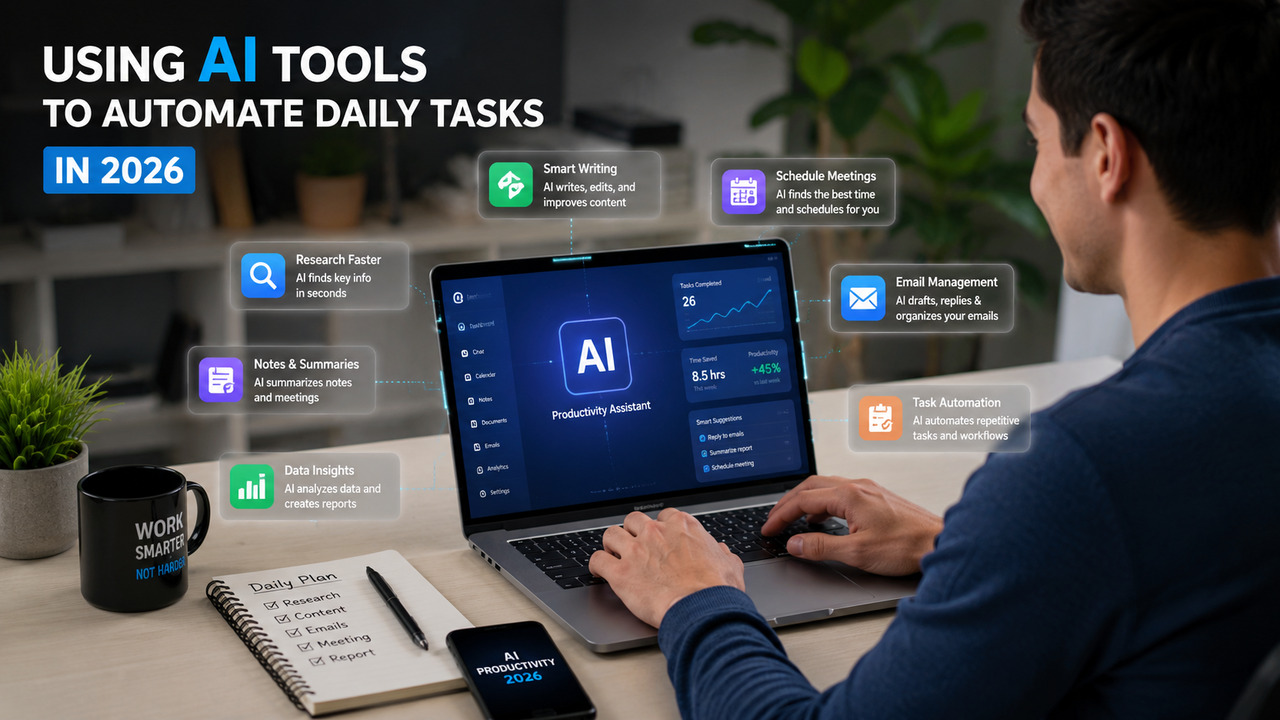 Person using AI productivity tools on laptop to automate daily tasks