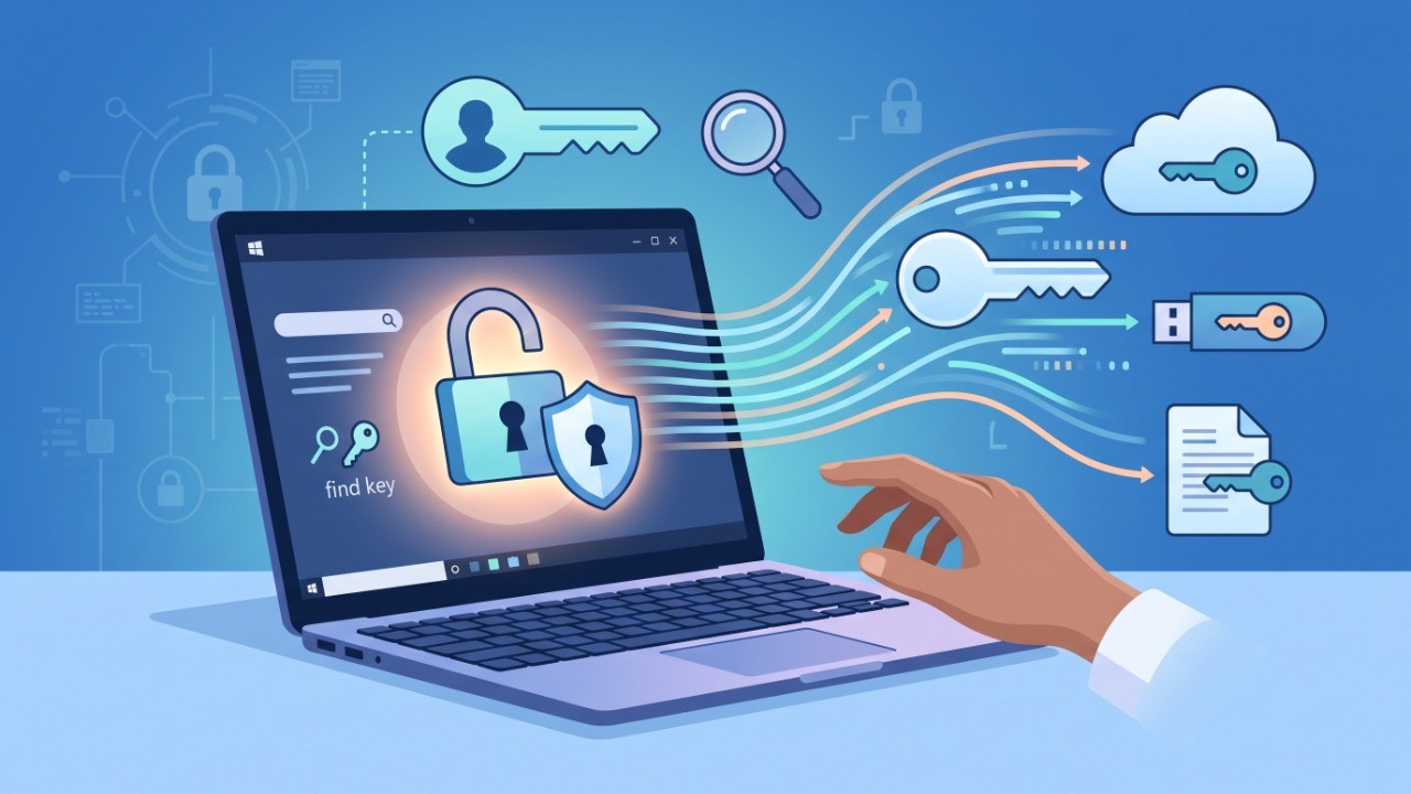 Digital illustration of a laptop screen showing a BitLocker security lock alongside key icons connecting to cloud storage, a USB drive, and a saved document, representing methods to find a BitLocker recovery key.